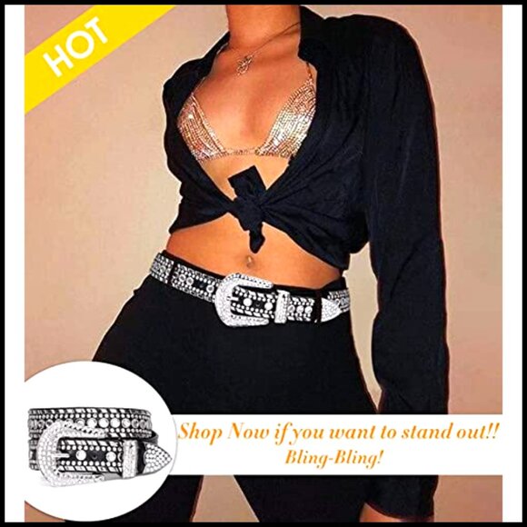 Rhinestone Bohemian Leather Belt Silver Buckle 1.5\